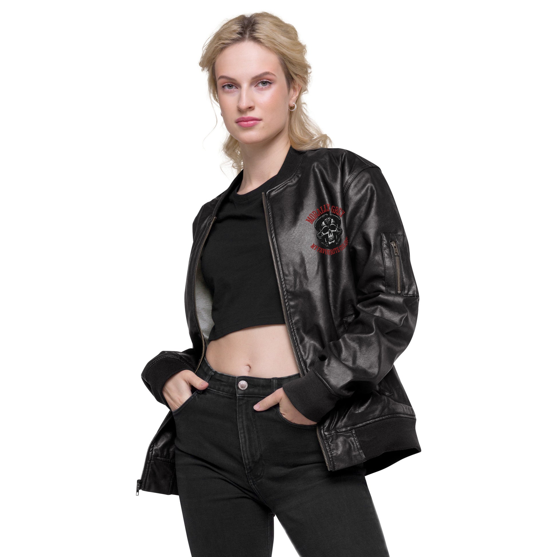 Morally Grey Leather Bomber Jacket - Bookslut Shirts