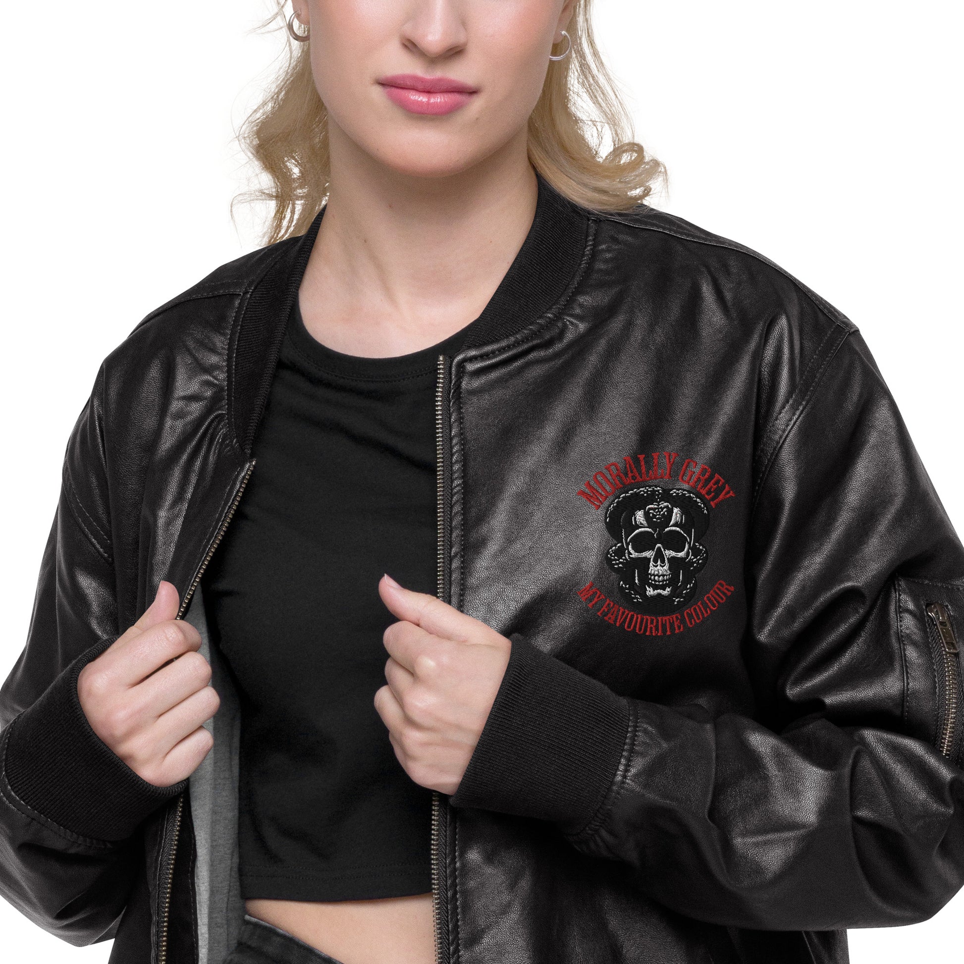 Morally Grey Leather Bomber Jacket - Bookslut Shirts